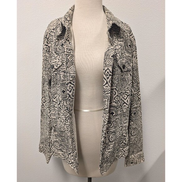JM Collection Ivory Black Aztec Geometric Canvas Jacket sz XL Block Print - Picture 6 of 13